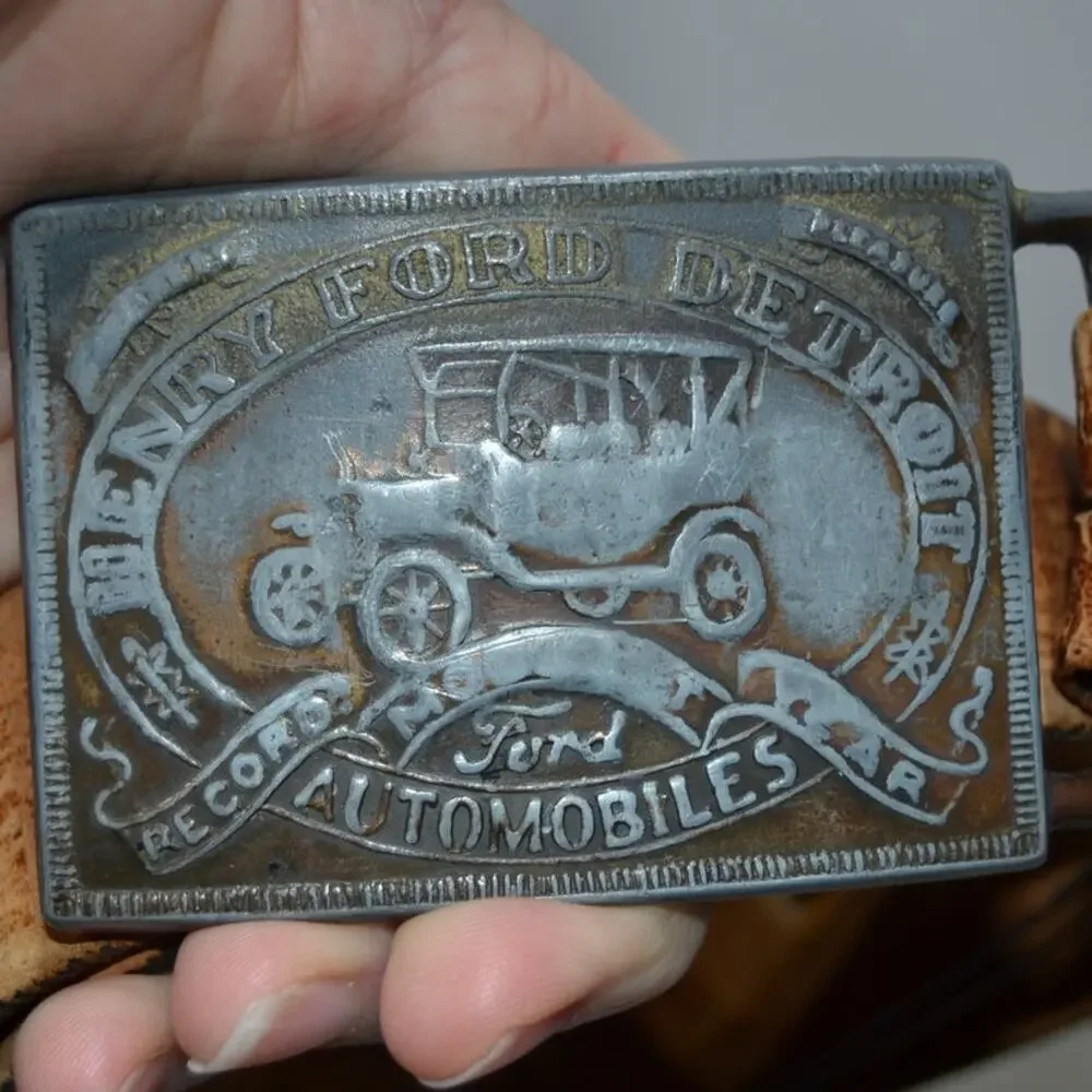 Henry Ford Vintage Brass Model T Belt Buckle with Embossed Leather Belt